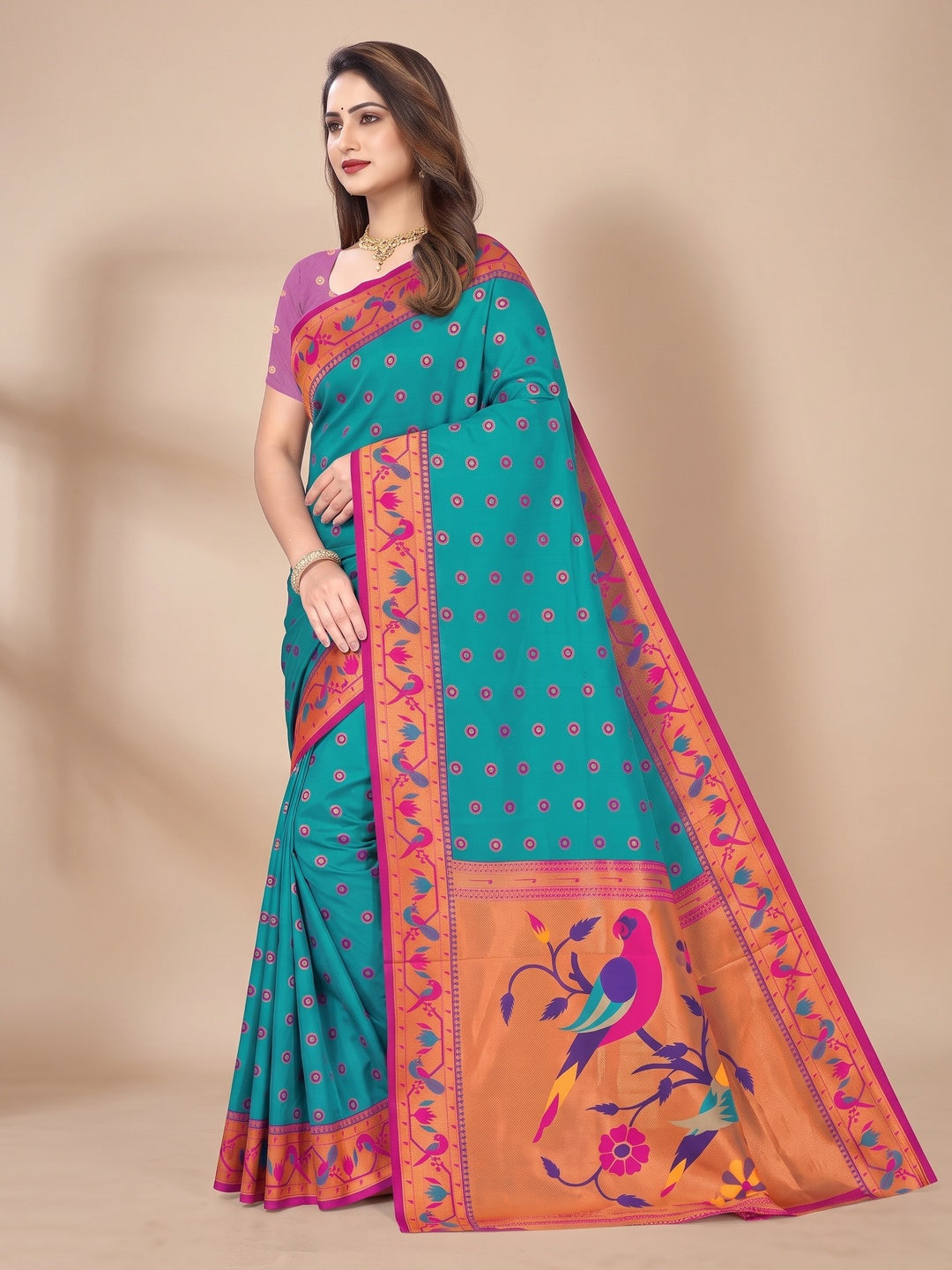 Peachmode Teal Pure Silk Paithani Parrot Woven Saree - Image 4