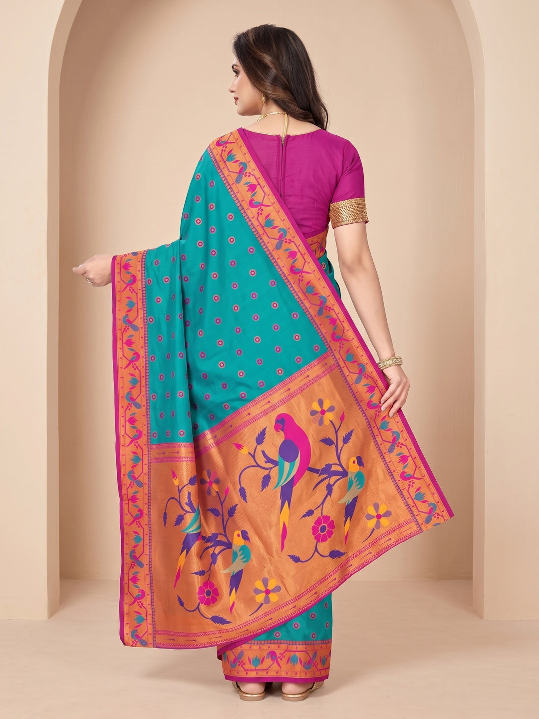 Peachmode Teal Pure Silk Paithani Parrot Woven Saree - Image 5