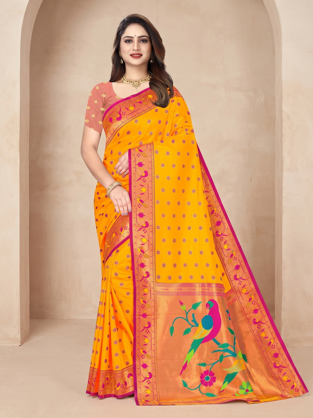 Peachmode Orange Pure Silk Paithani Parrot Woven Saree - Image 1