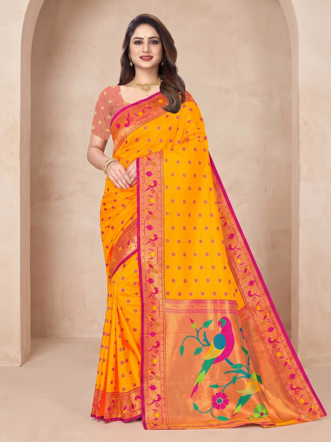 Peachmode Orange Pure Silk Paithani Parrot Woven Saree - Image 2