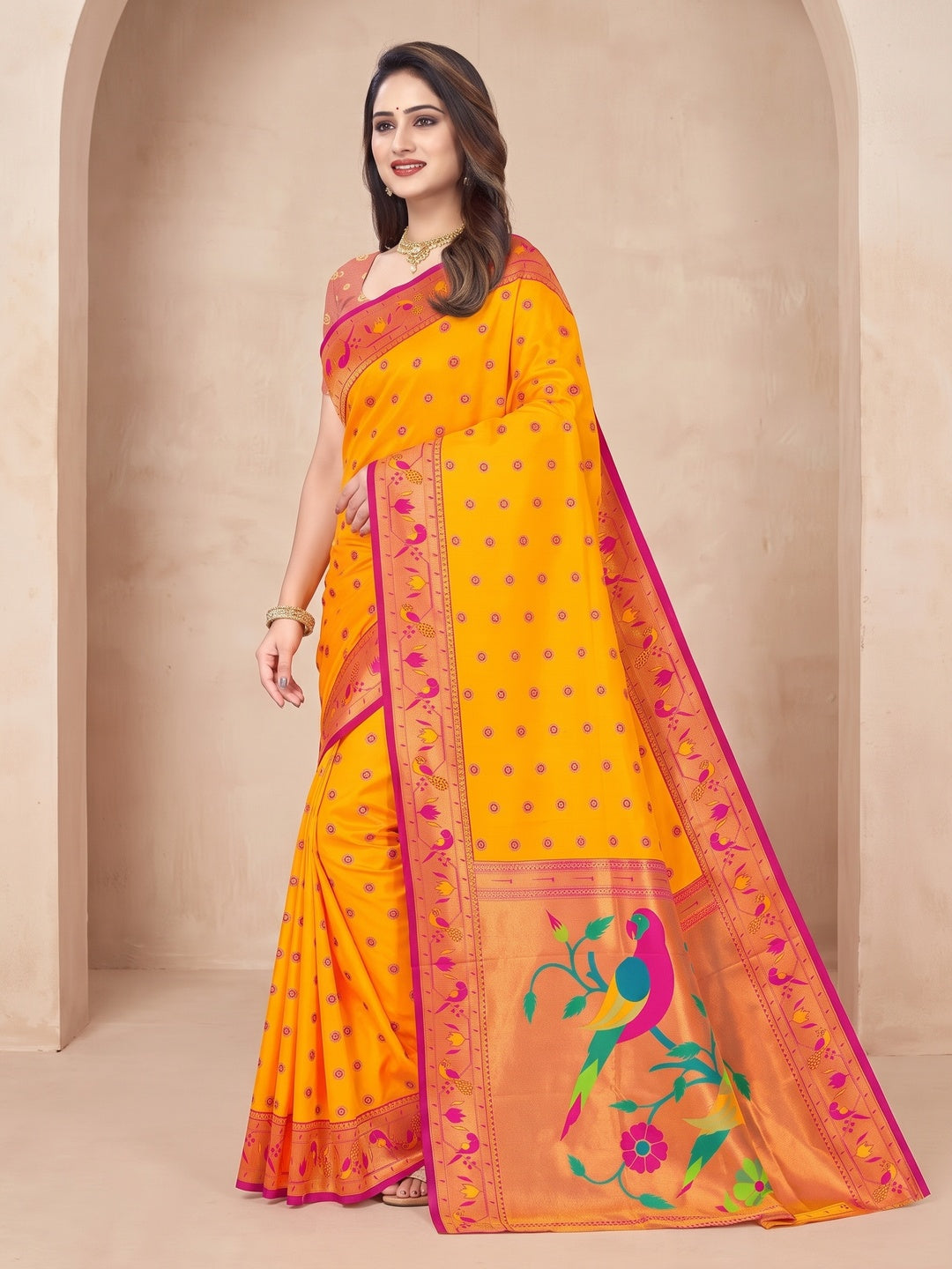 Peachmode Orange Pure Silk Paithani Parrot Woven Saree - Image 3