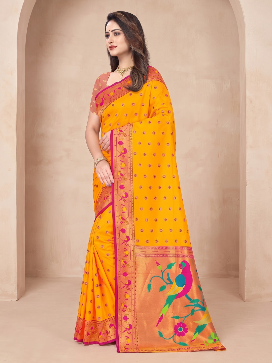 Peachmode Orange Pure Silk Paithani Parrot Woven Saree - Image 4