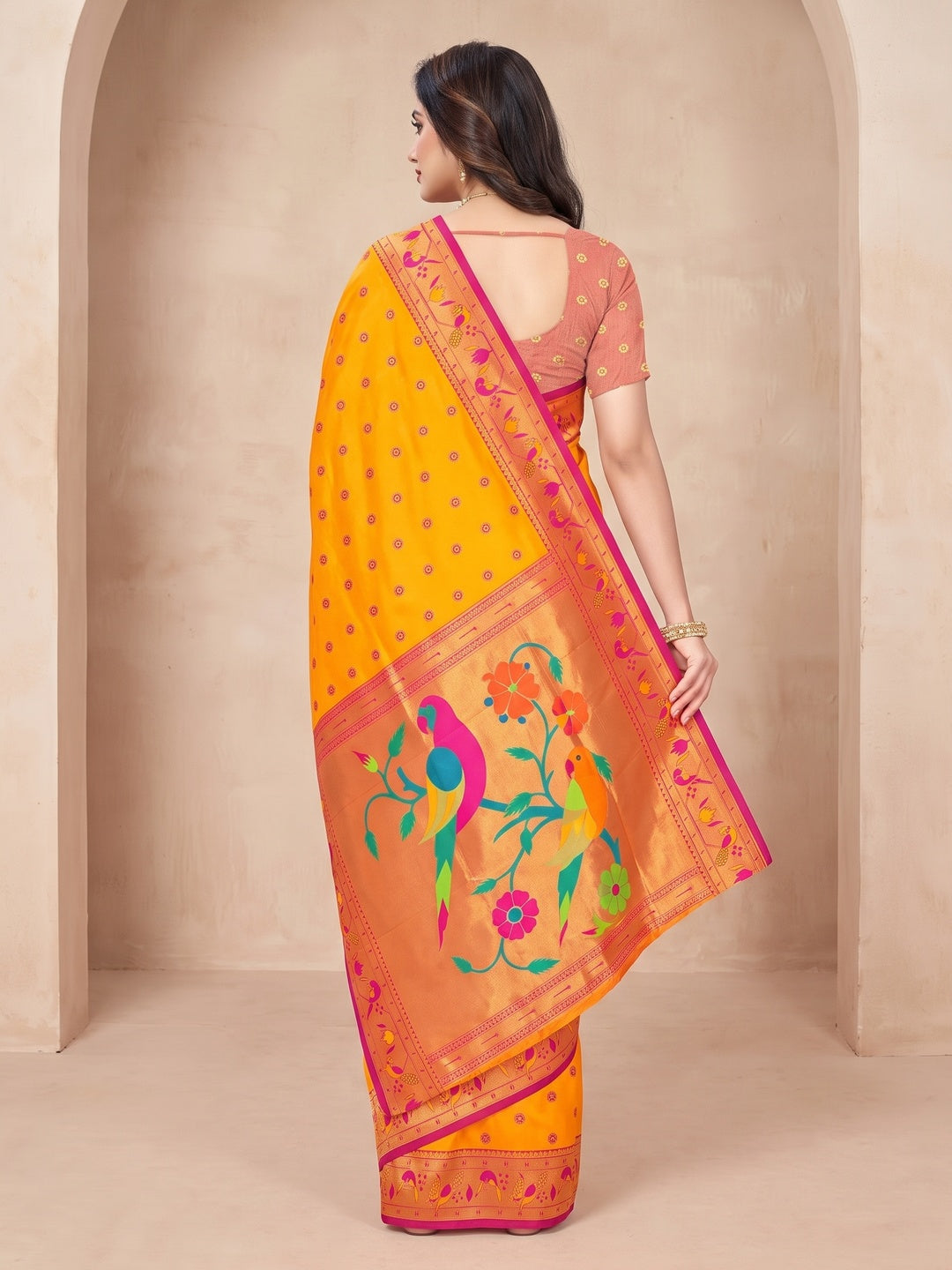 Peachmode Orange Pure Silk Paithani Parrot Woven Saree - Image 5