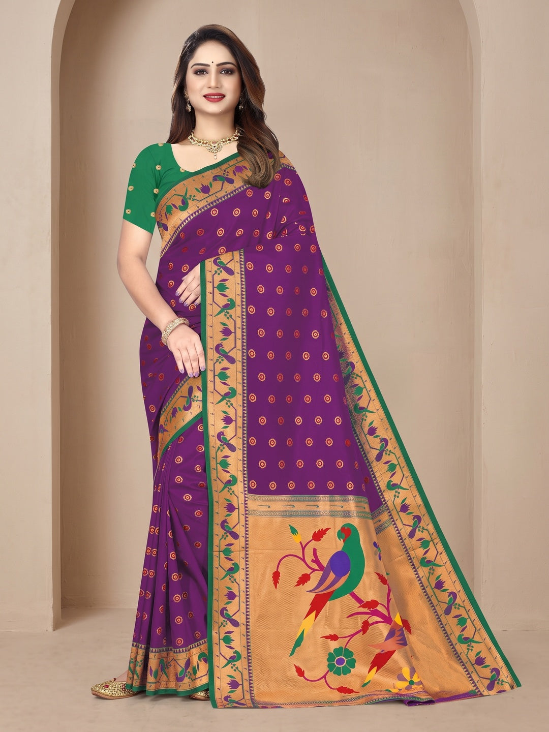Peachmode Purple Pure Silk Paithani Parrot Woven Saree - Image 1