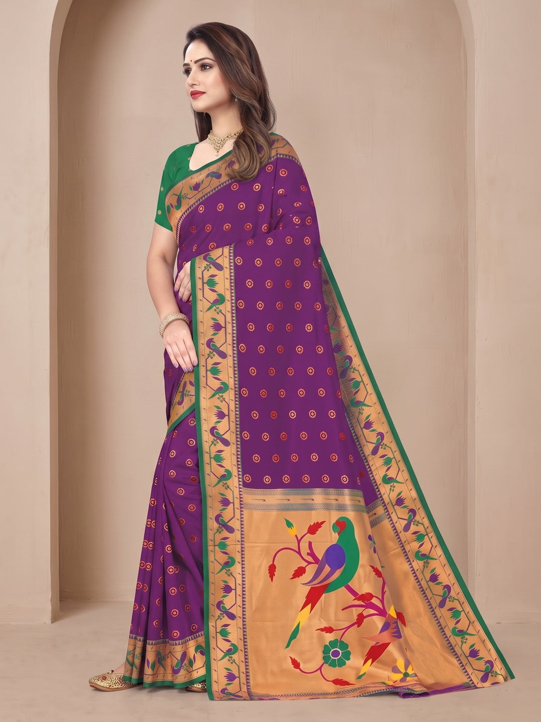 Peachmode Purple Pure Silk Paithani Parrot Woven Saree - Image 3