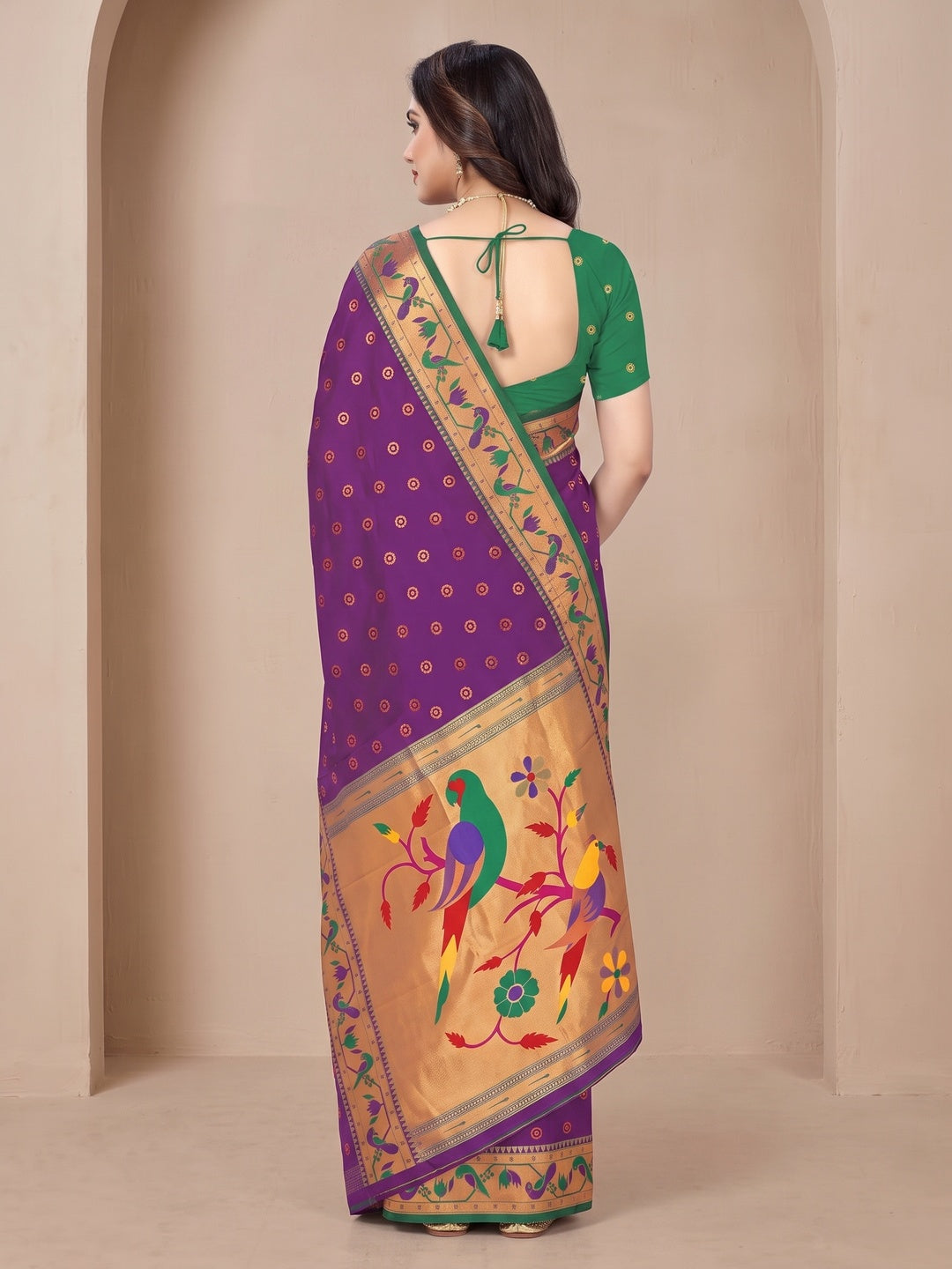 Peachmode Purple Pure Silk Paithani Parrot Woven Saree - Image 5