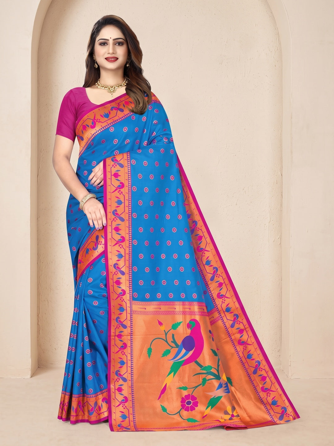 Peachmode Blue Pure Silk Paithani Parrot Woven Saree - Image 1