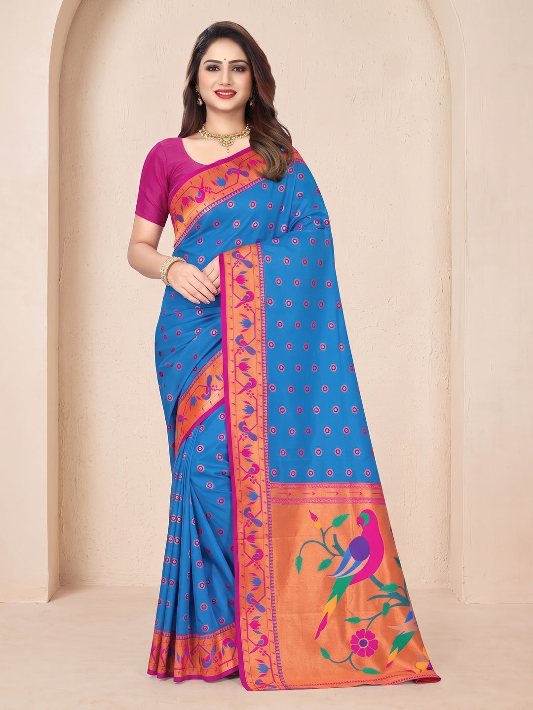 Peachmode Blue Pure Silk Paithani Parrot Woven Saree - Image 2