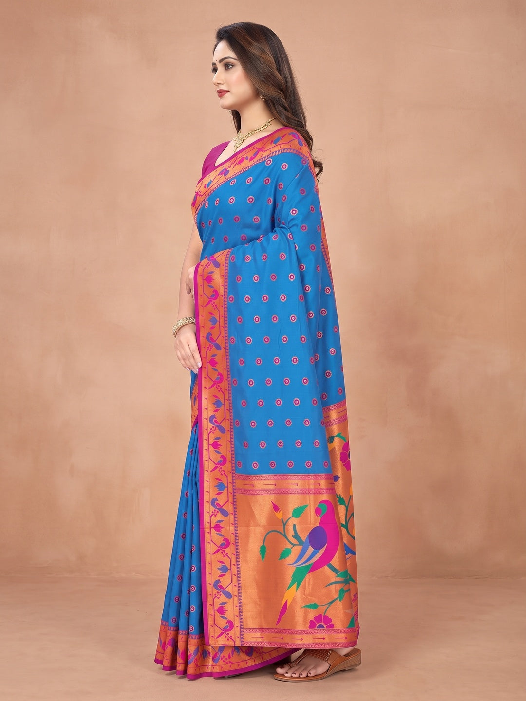 Peachmode Blue Pure Silk Paithani Parrot Woven Saree - Image 3
