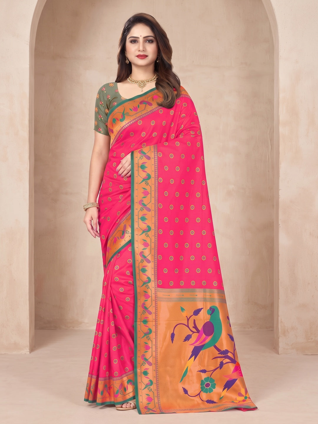 Peachmode Hot Pink Pure Silk Paithani Parrot Woven Saree - Image 2
