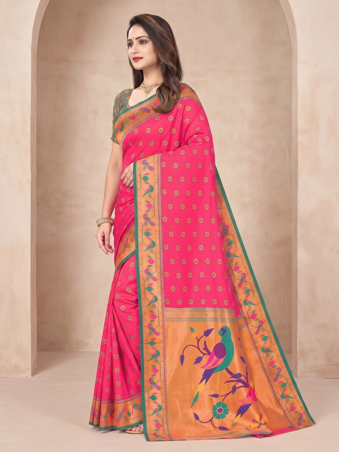 Peachmode Hot Pink Pure Silk Paithani Parrot Woven Saree - Image 3