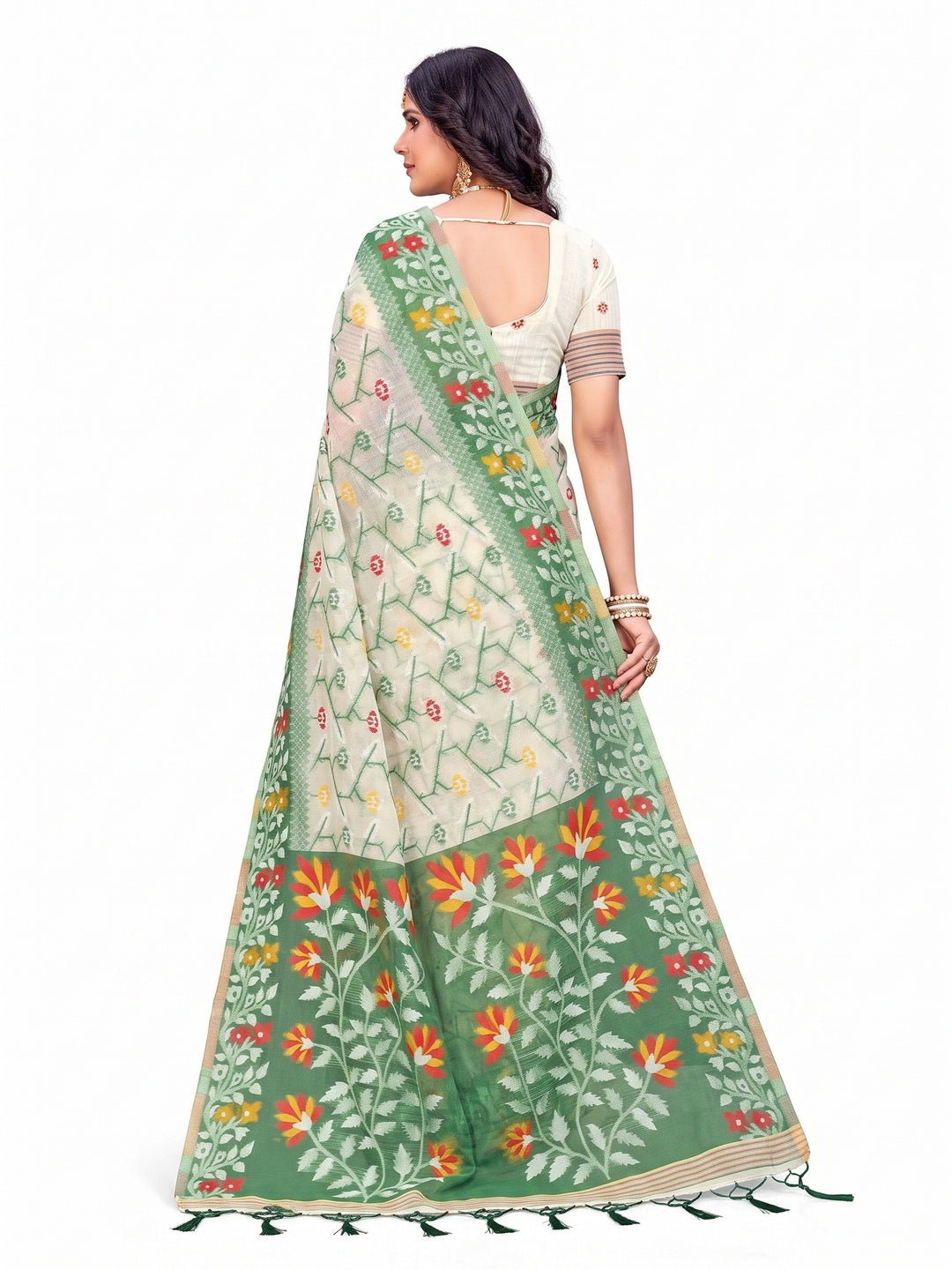 Peachmode Green Cotton Blend Saree - Image 5