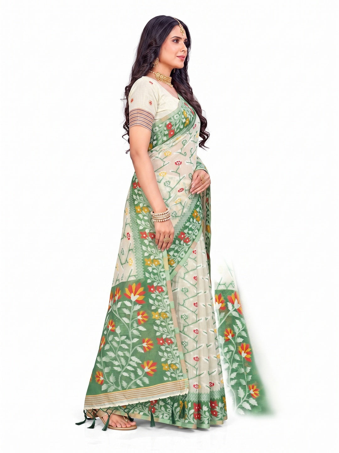 Peachmode Green Cotton Blend Saree - Image 6