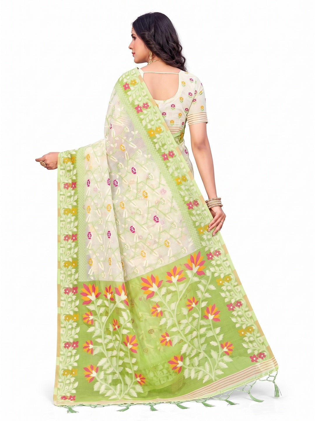 Peachmode Parrot Green Cotton Blend Saree - Image 5