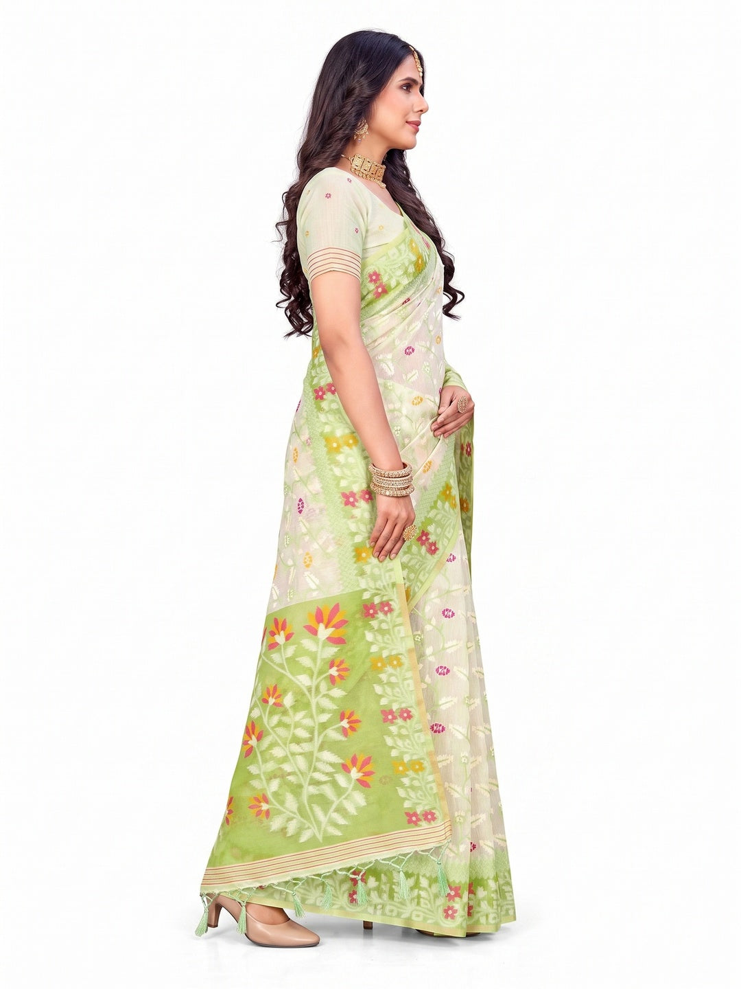 Peachmode Parrot Green Cotton Blend Saree - Image 6