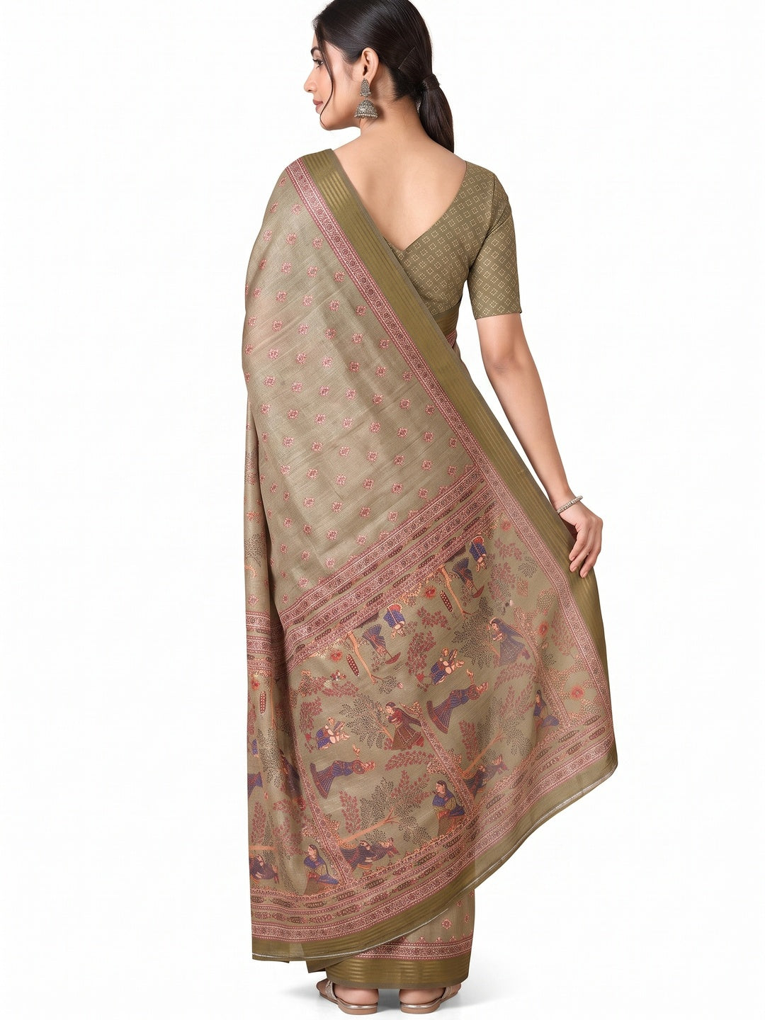 Peachmode Olive Cotton Silk Digital Printed Saree - Image 5