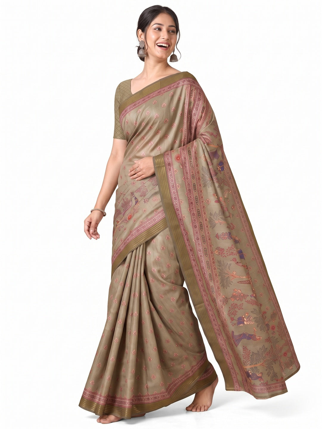 Peachmode Olive Cotton Silk Digital Printed Saree - Image 7