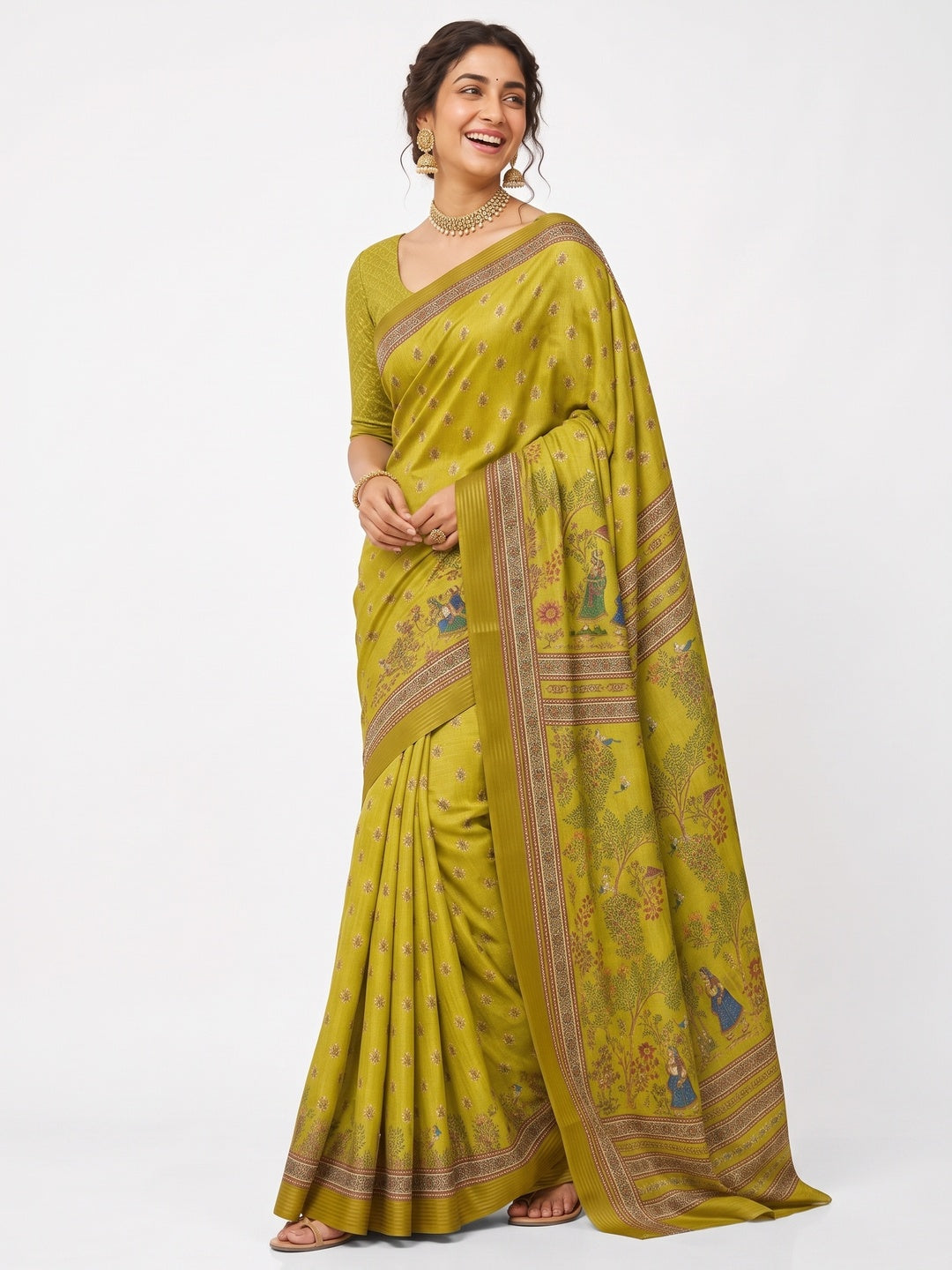 Peachmode Green Cotton Silk Digital Printed Saree - Image 7
