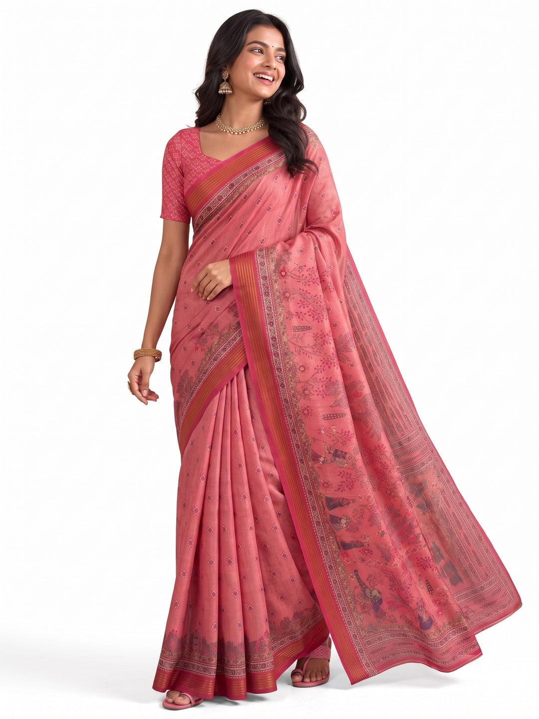 Peachmode Pink Cotton Silk Digital Printed Saree - Image 7