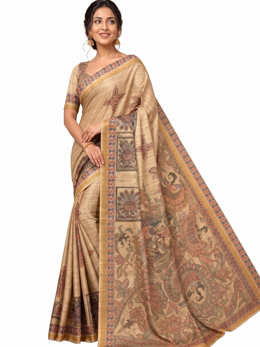 Peachmode Beige & Peach Art Silk Digital Printed Saree - Image 6