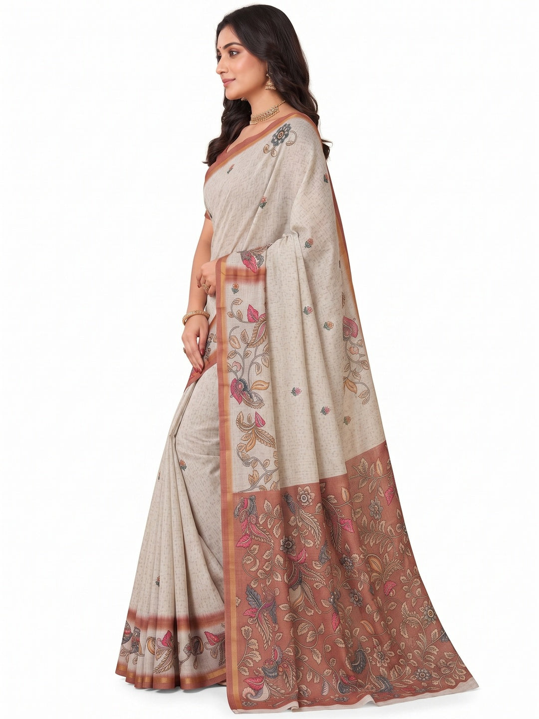 Peachmode Rust Linen Cotton Digital Printed Saree - Image 6