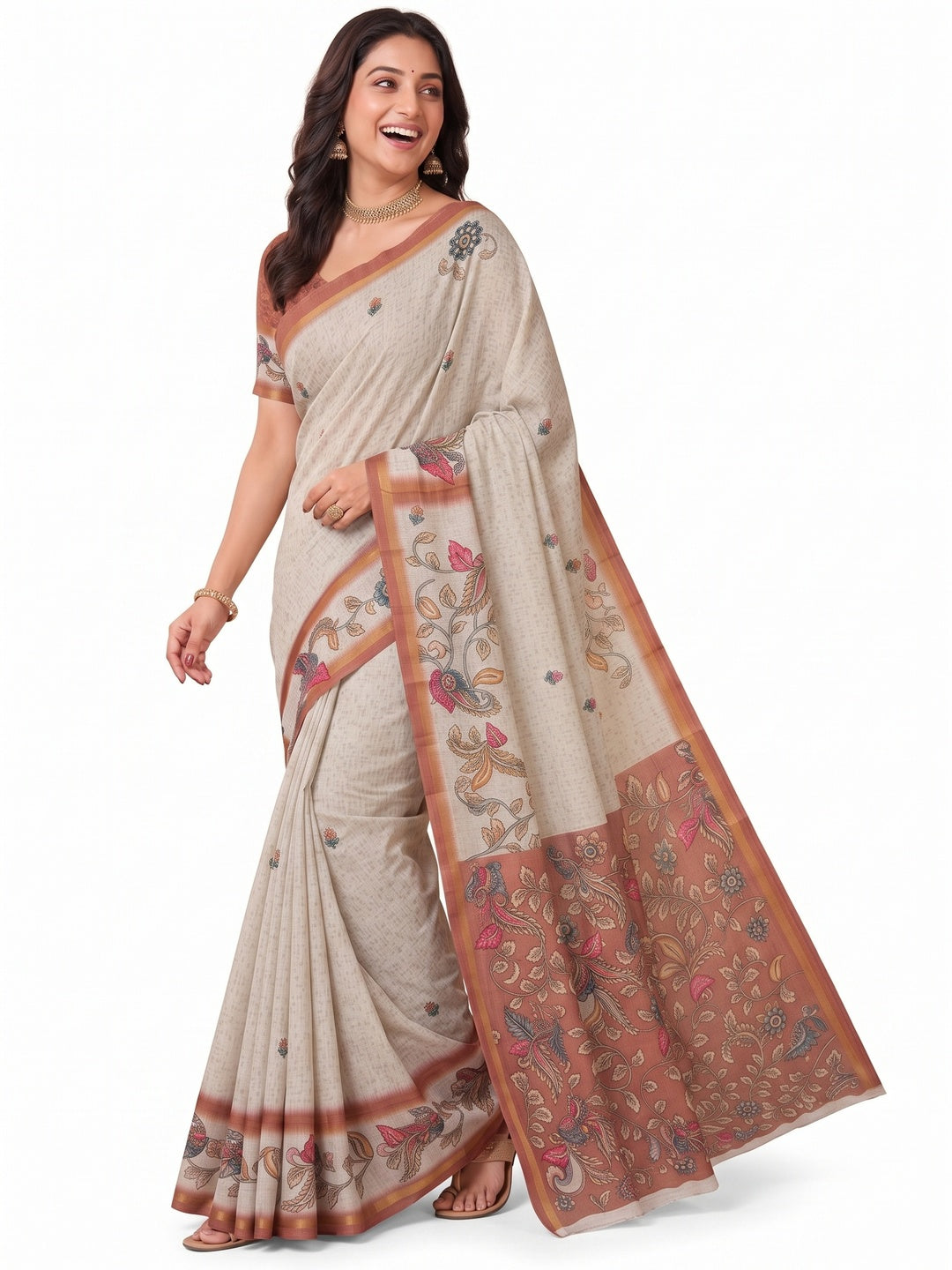 Peachmode Rust Linen Cotton Digital Printed Saree - Image 7