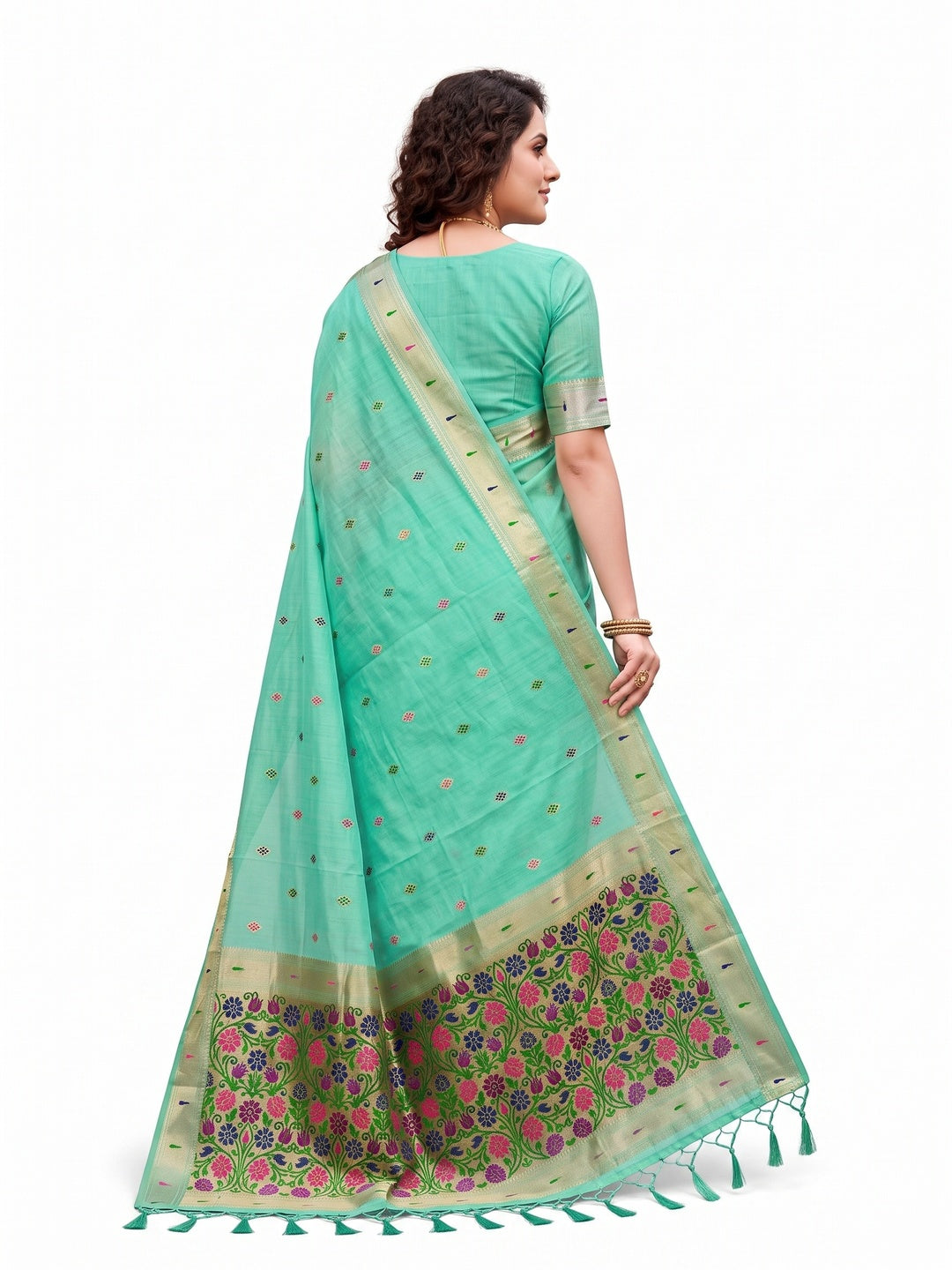 Peachmode Aqua Green Cotton Blend Rudrani Saree - Image 5