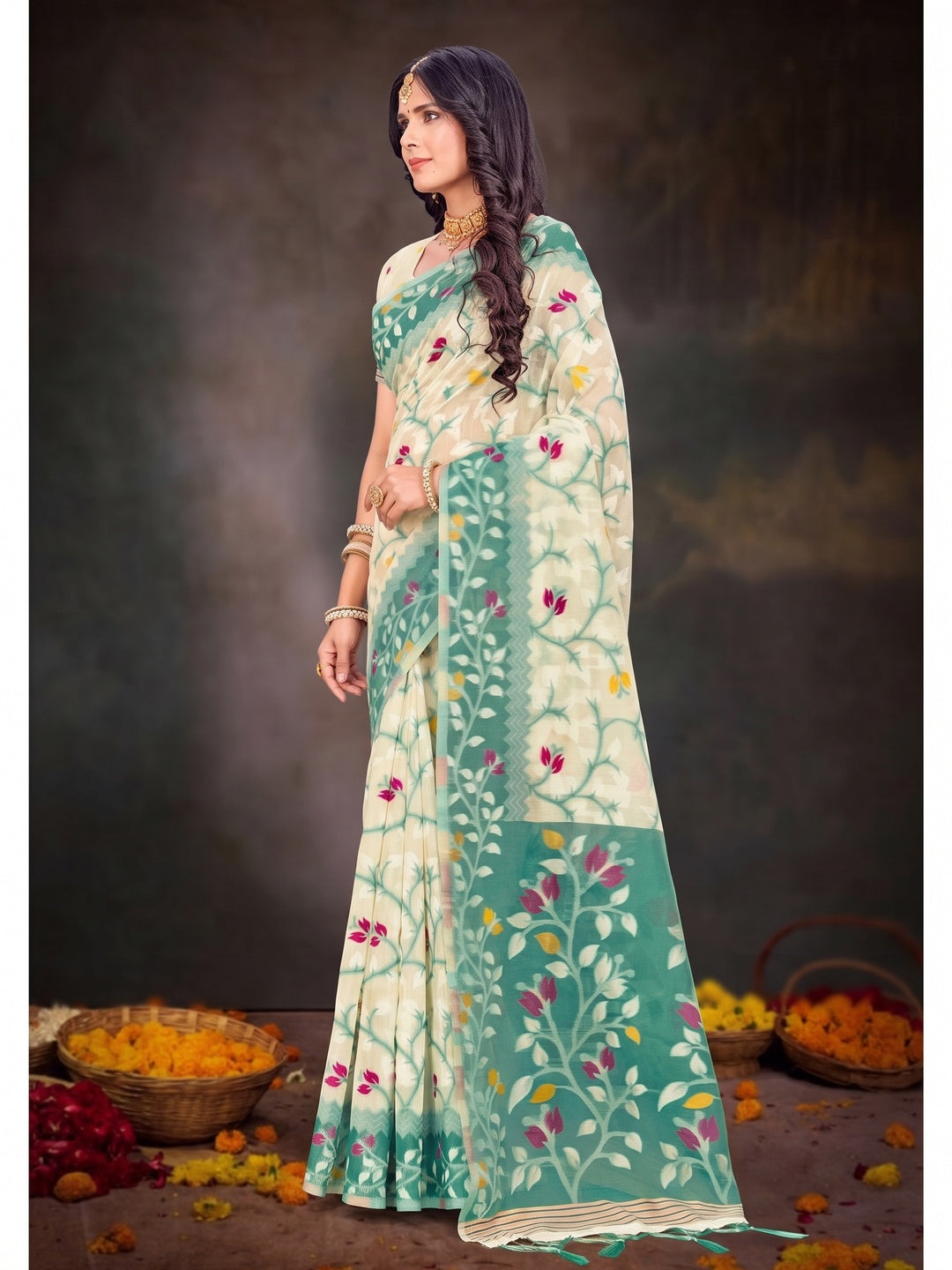 Peachmode Mint Green Cotton Blend Saree - Image 6