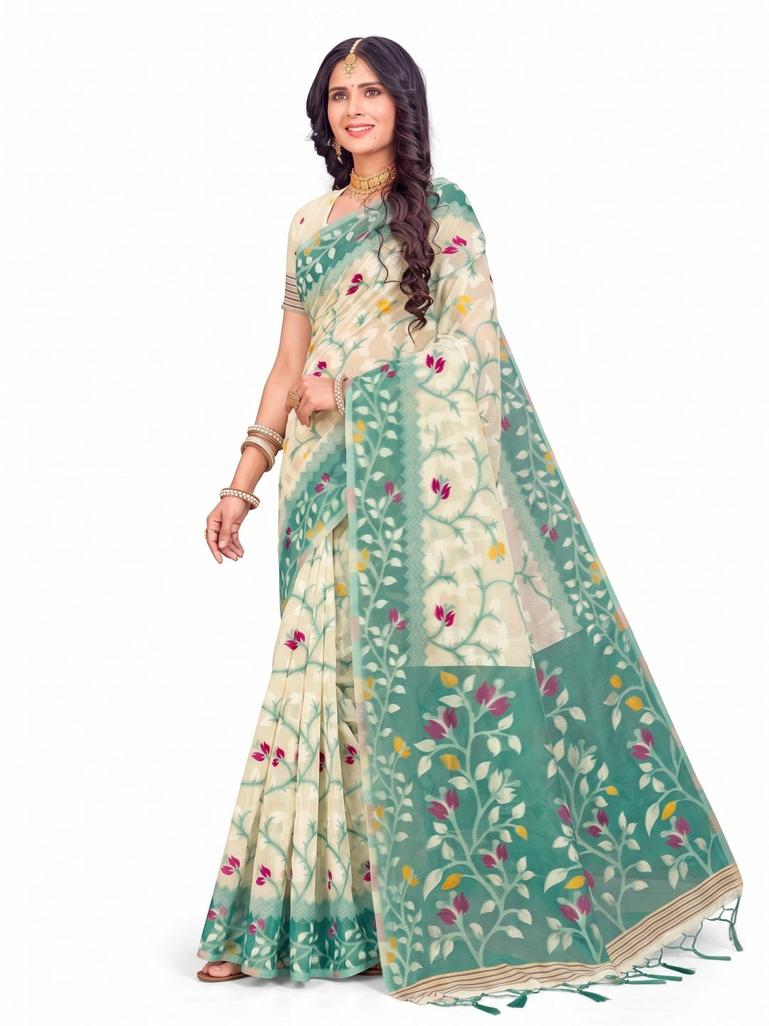 Peachmode Mint Green Cotton Blend Saree - Image 7