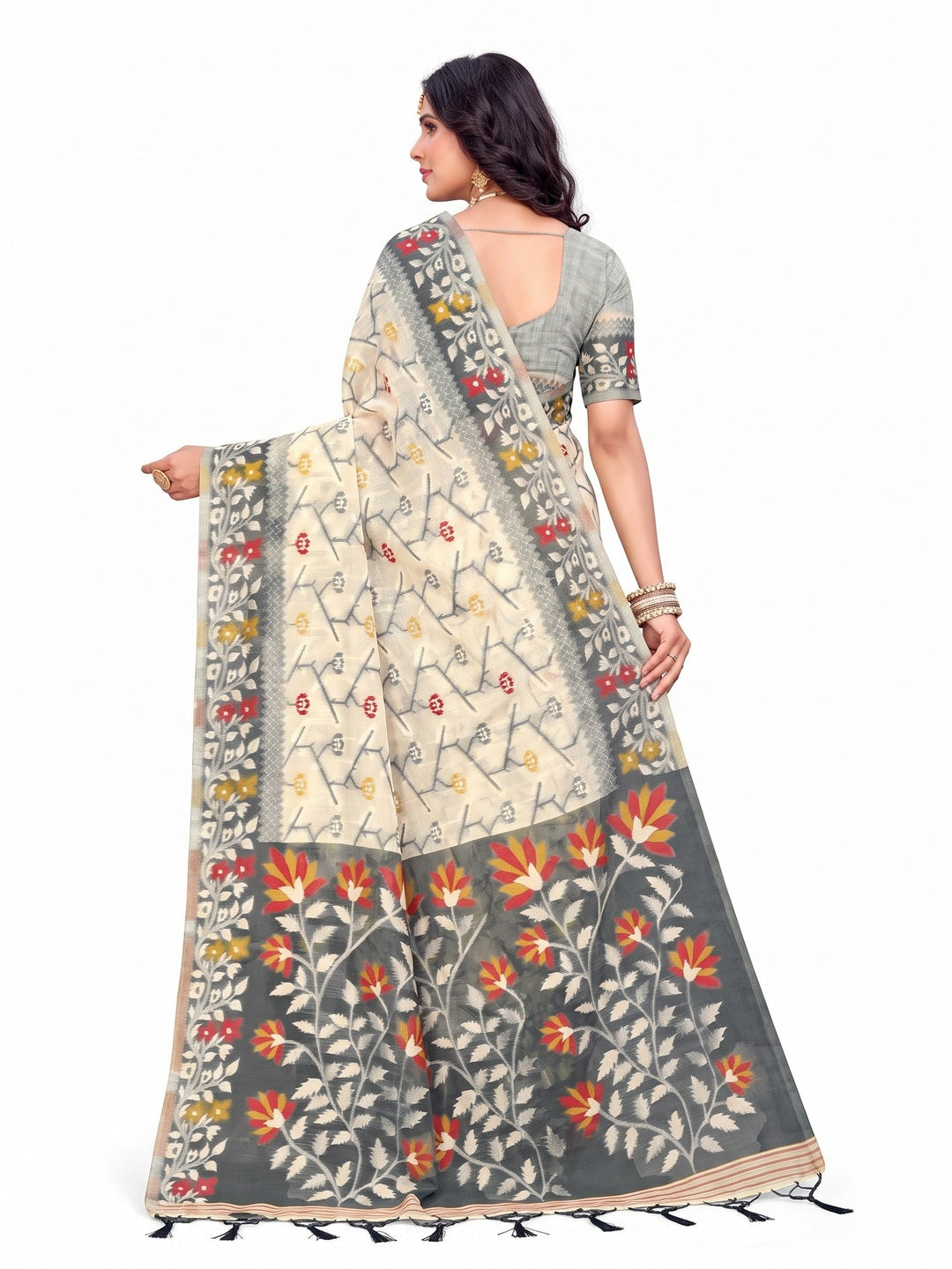 Peachmode Grey Cotton Blend Kashish-03 Saree - Image 5
