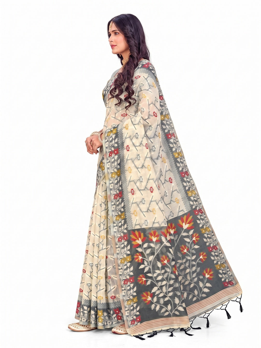 Peachmode Grey Cotton Blend Kashish-03 Saree - Image 6