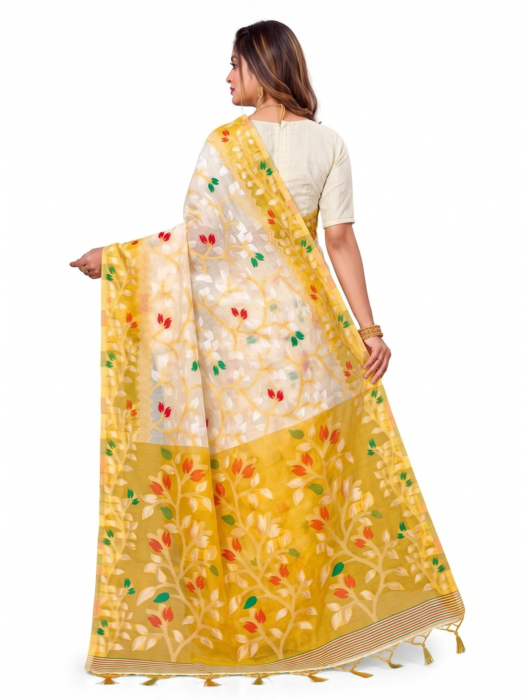 Peachmode Yellow Cotton Blend Kashish Saree - Image 5