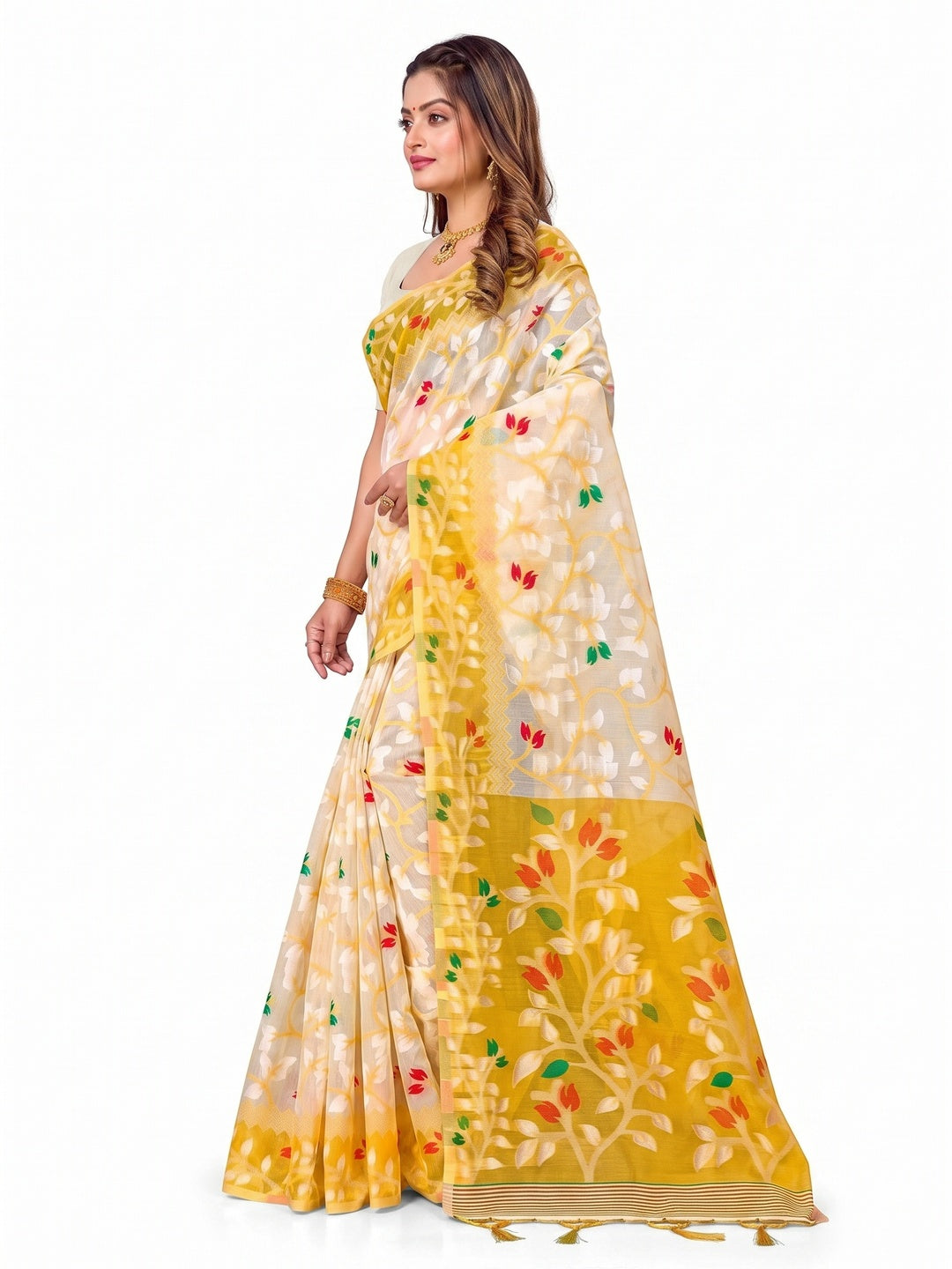 Peachmode Yellow Cotton Blend Kashish Saree - Image 6