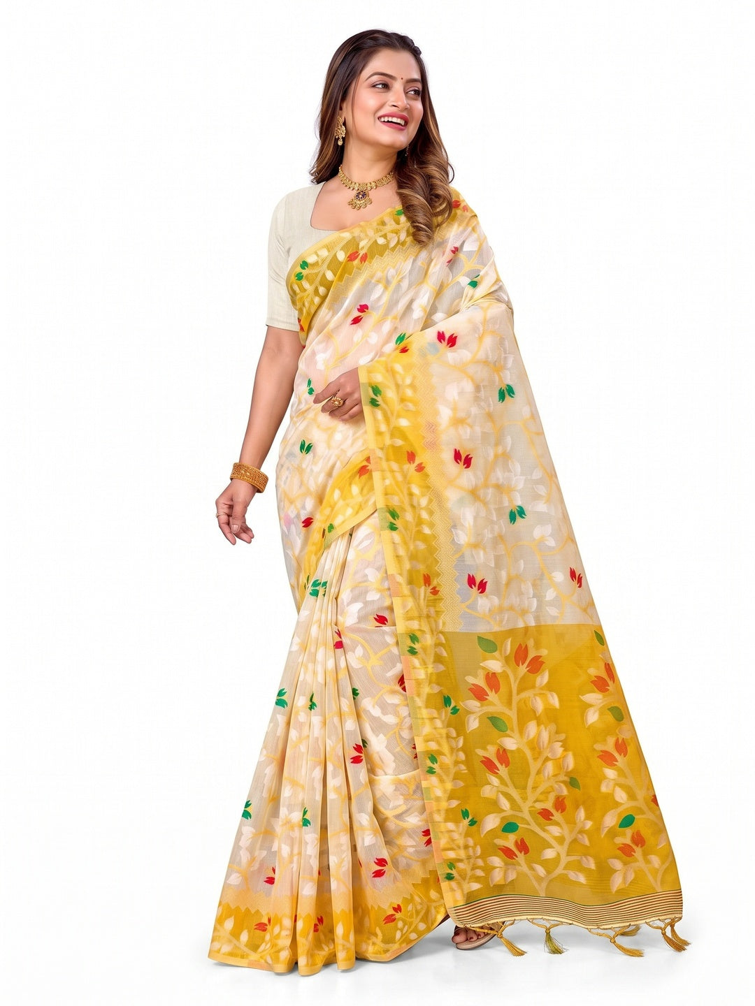 Peachmode Yellow Cotton Blend Kashish Saree - Image 7