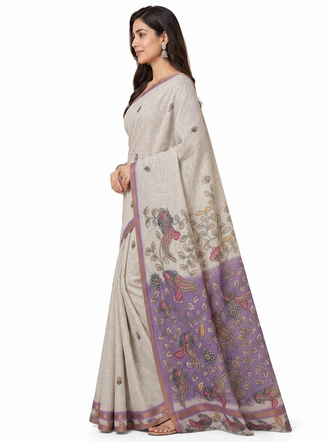 Peachmode Purple Linen Cotton Digital Printed Saree - Image 6