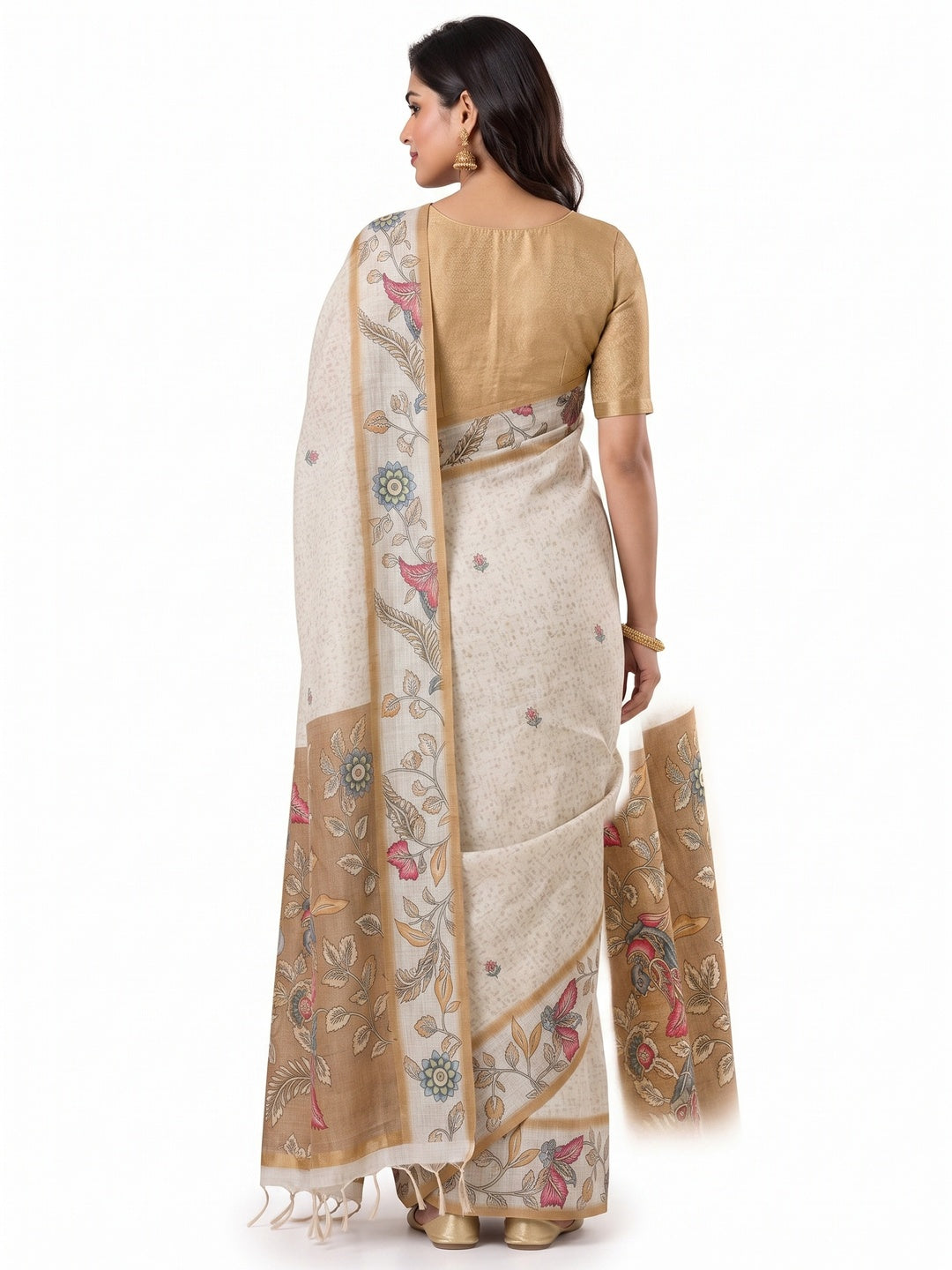 Peachmode Beige Linen Cotton Digital Printed Saree - Image 5