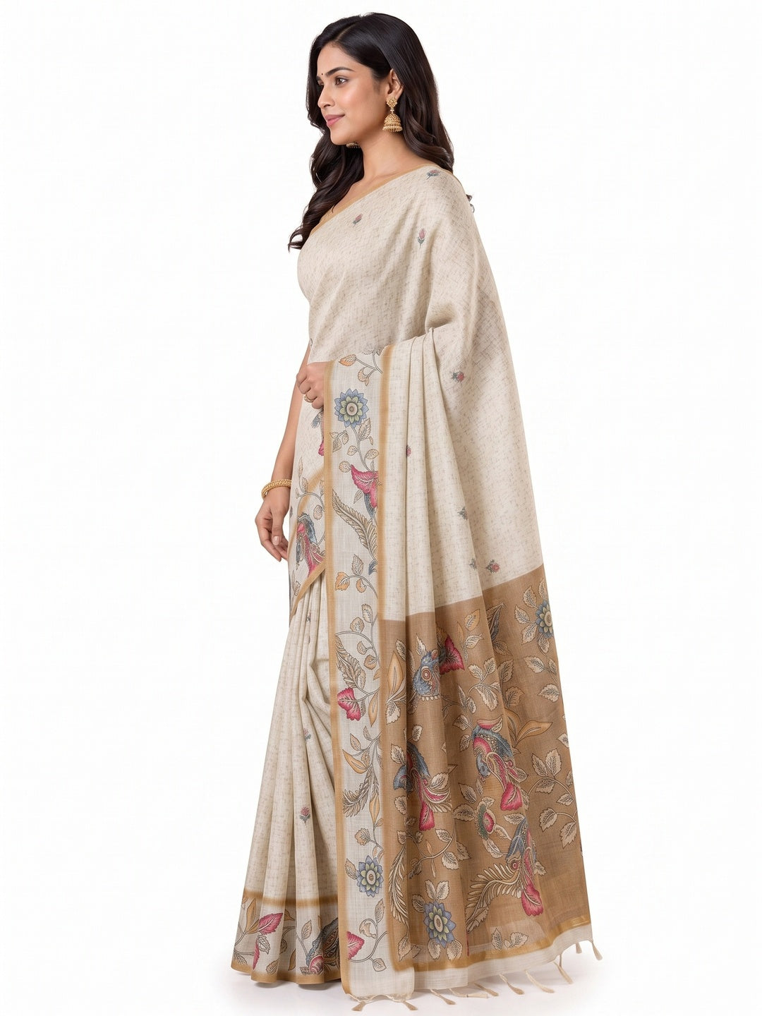 Peachmode Beige Linen Cotton Digital Printed Saree - Image 6