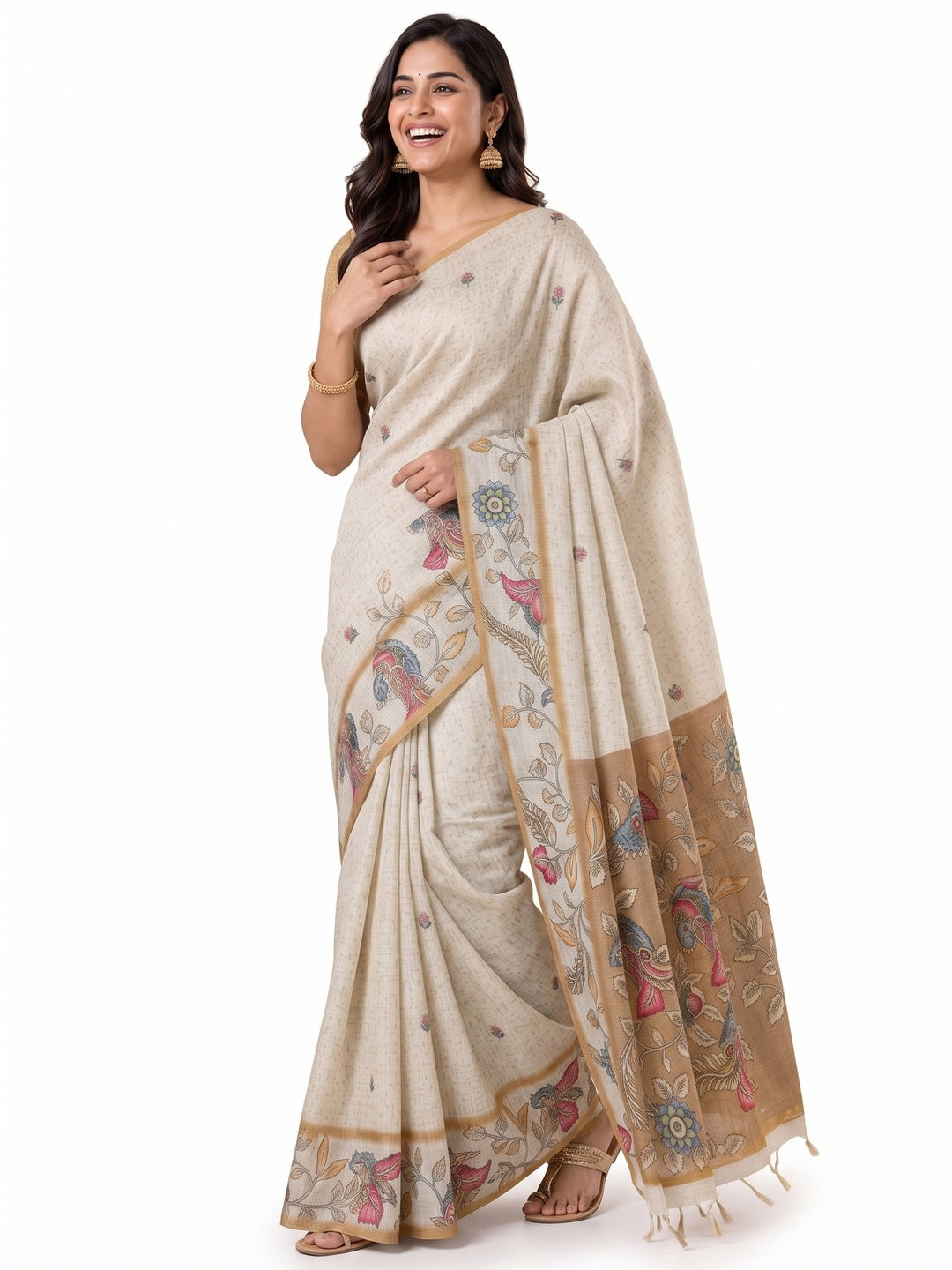 Peachmode Beige Linen Cotton Digital Printed Saree - Image 7