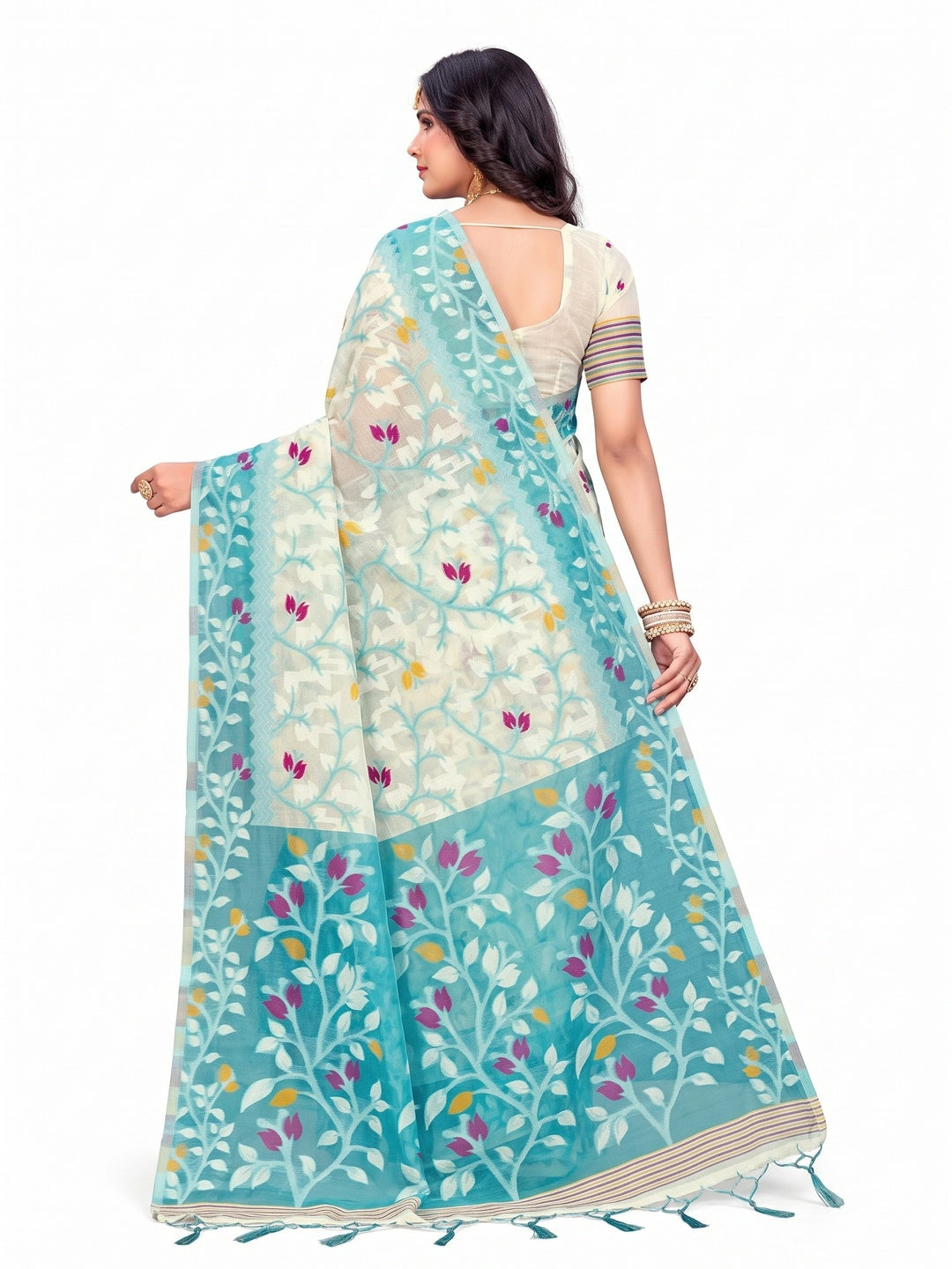 Peachmode Sea Green Cotton Blend Saree - Image 5
