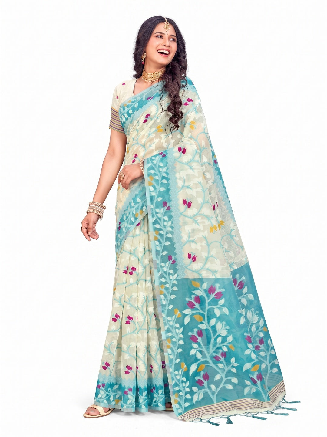 Peachmode Sea Green Cotton Blend Saree - Image 7