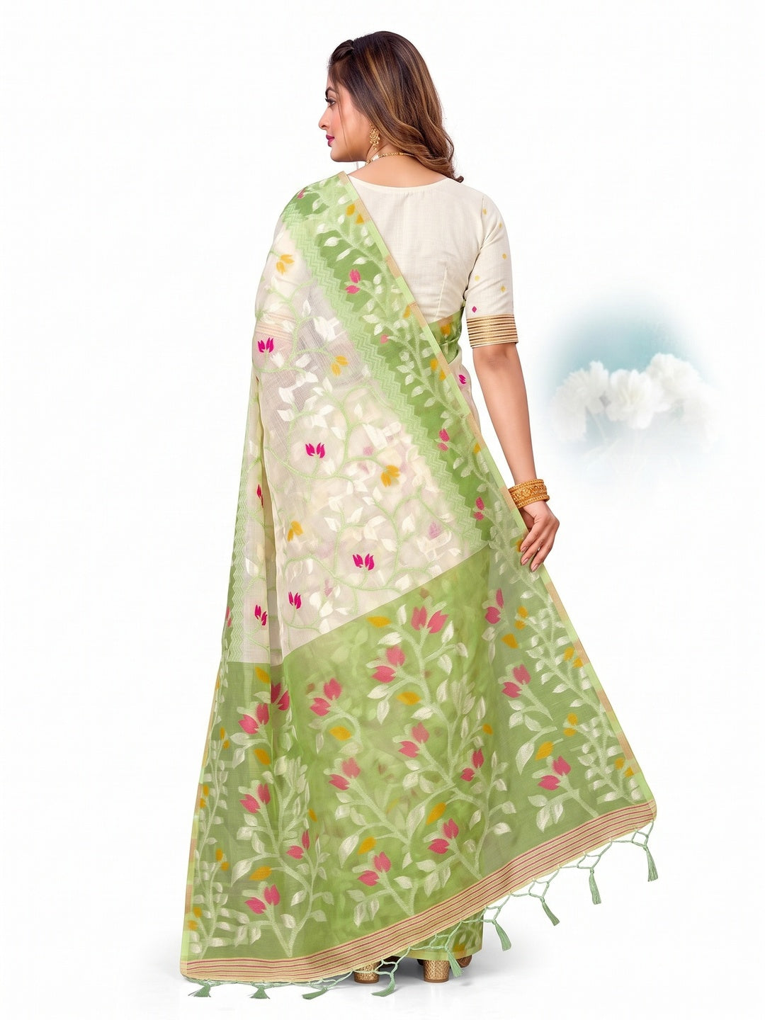 Peachmode Green Cotton Blend Kashish Saree - Image 5