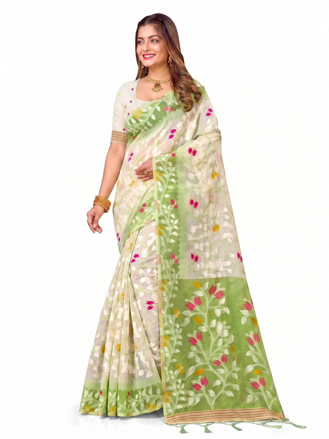 Peachmode Green Cotton Blend Kashish Saree - Image 7