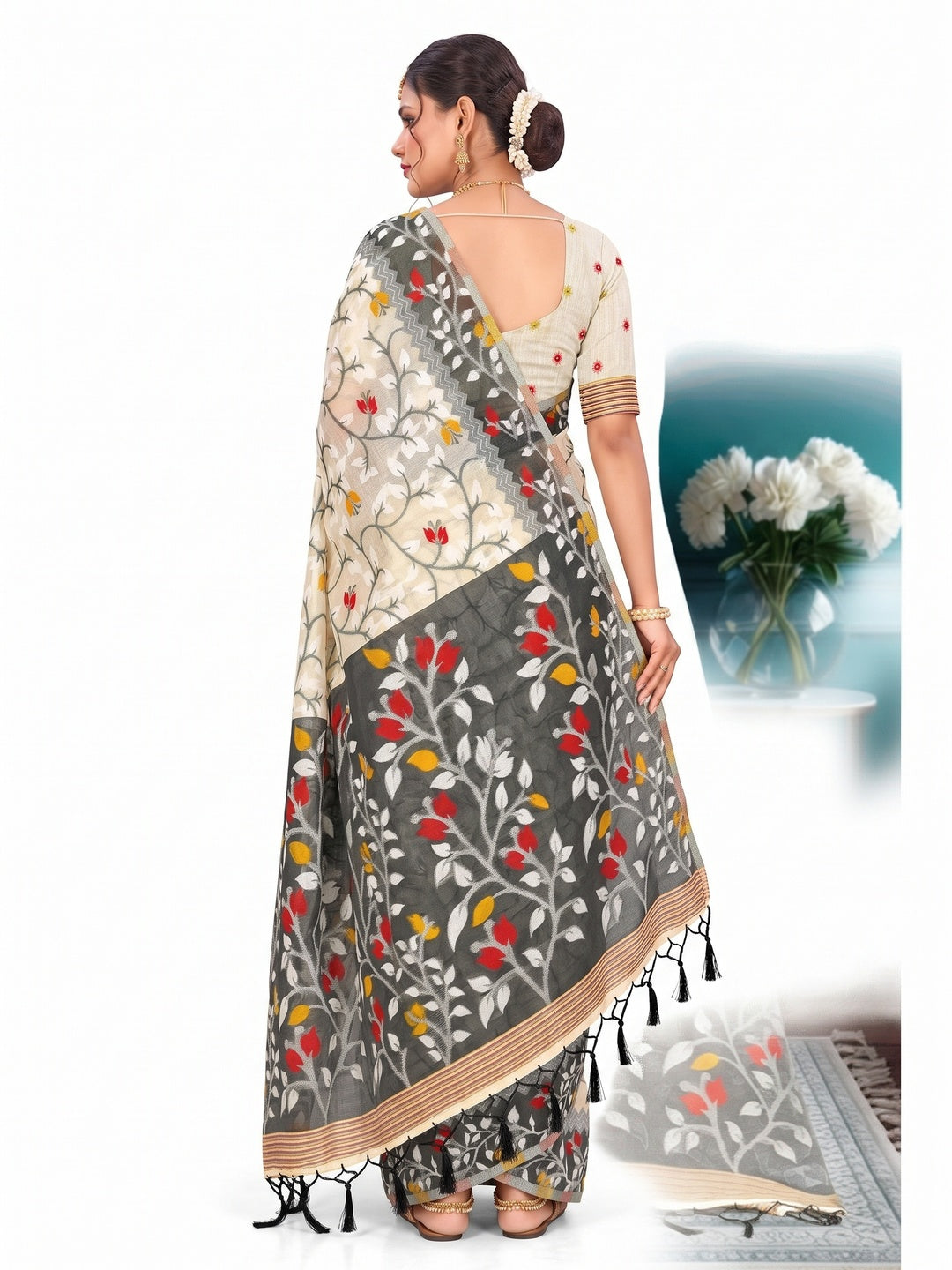 Peachmode Grey Cotton Blend Kashish Saree - Image 5