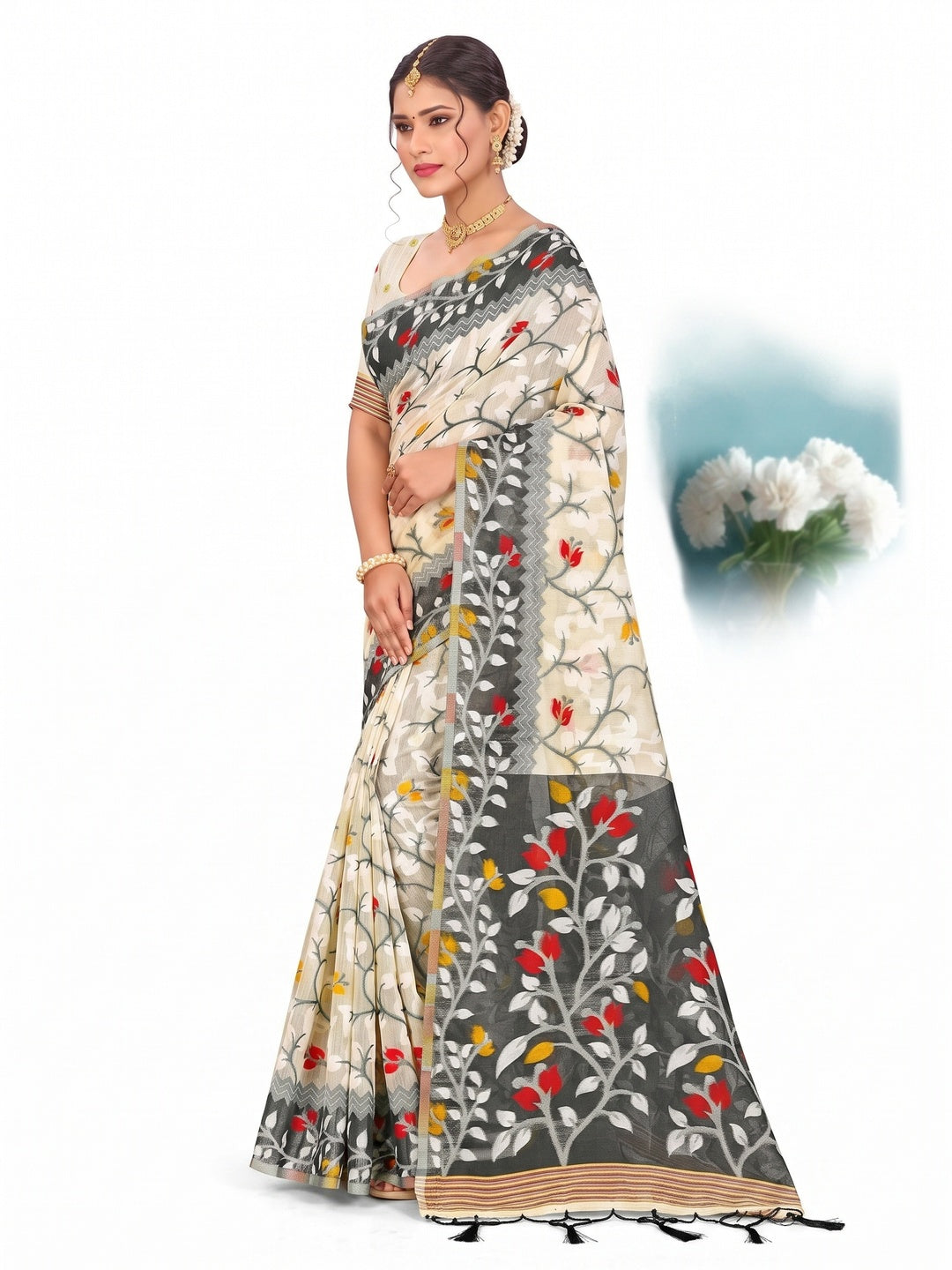 Peachmode Grey Cotton Blend Kashish Saree - Image 6