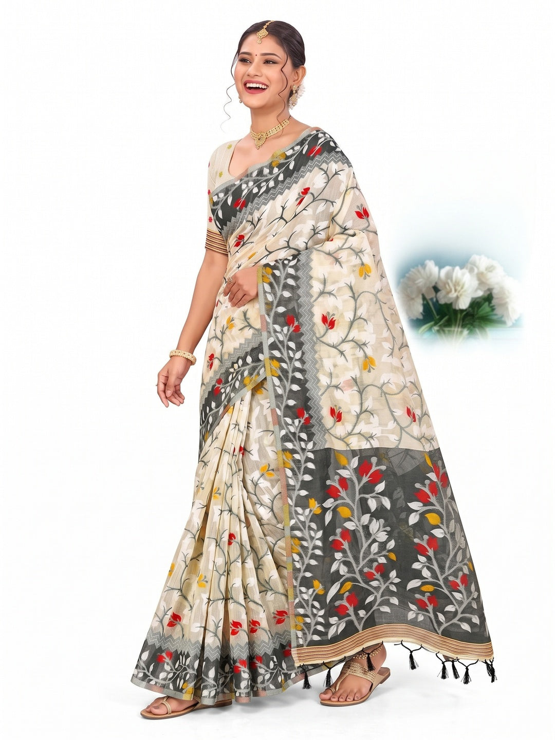 Peachmode Grey Cotton Blend Kashish Saree - Image 7