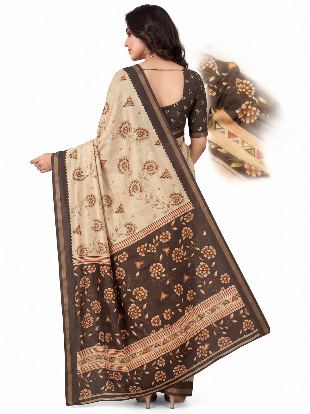 Peachmode Brown Cotton Blend Floral Printed Saree - Image 5
