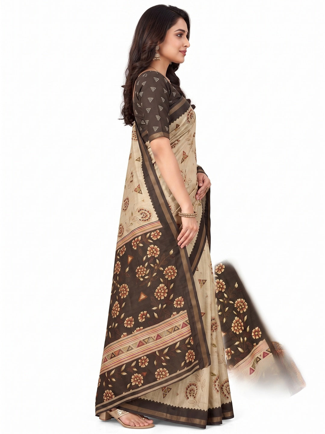 Peachmode Brown Cotton Blend Floral Printed Saree - Image 6