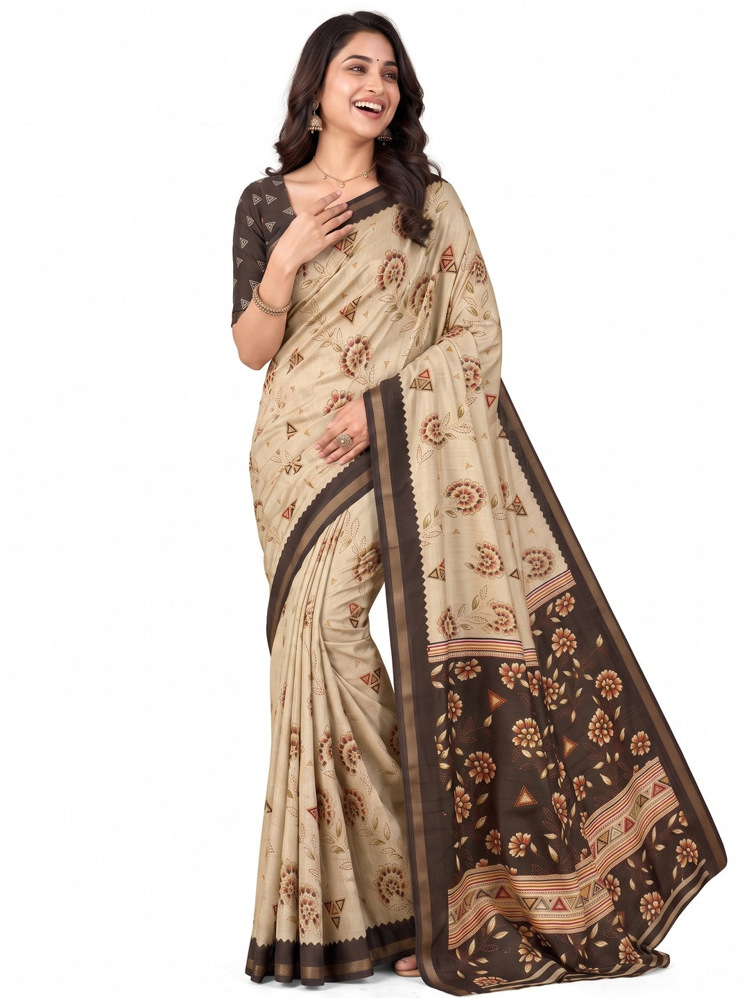 Peachmode Brown Cotton Blend Floral Printed Saree - Image 7