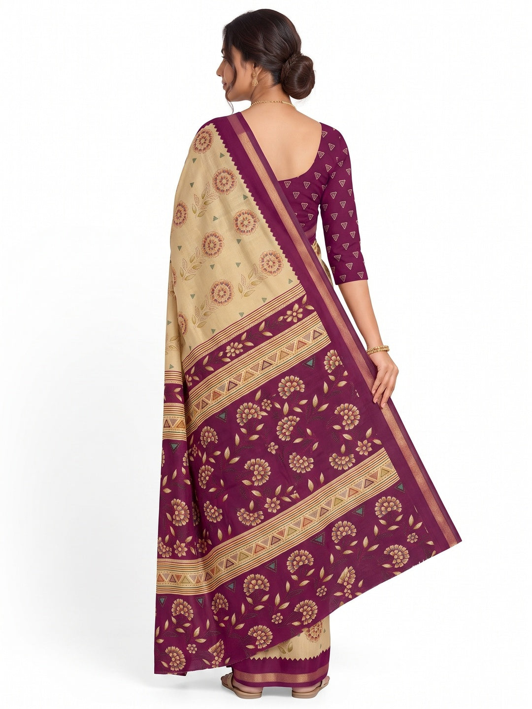 Peachmode Magenta Cotton Blend Floral Printed Saree - Image 5