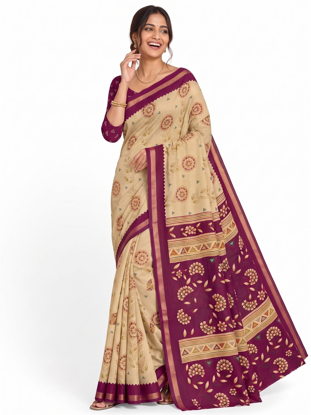 Peachmode Magenta Cotton Blend Floral Printed Saree - Image 7